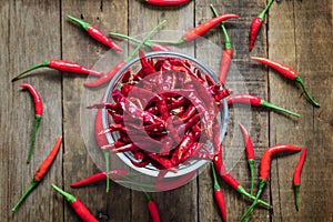 Dried Red chili in bowl on wooden table background