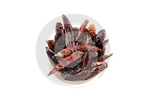 Dried red chili or chilli cayenne pepper isolated on white background , red dried chili, food ingredient for spicy cooking