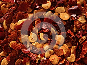 Dried red chili flake food background