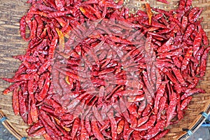 Dried red chili pepper sold in a food street market