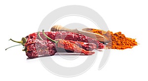 Dried red chili peppers and chili powder