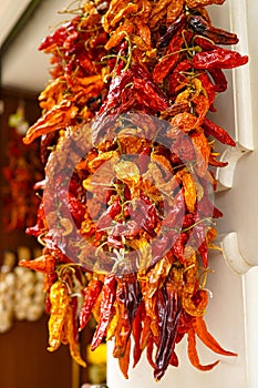 dried red chili peppers in the market