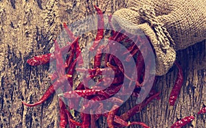 Dried red chili peppers in sack with on old wooden background,Vintage color tone