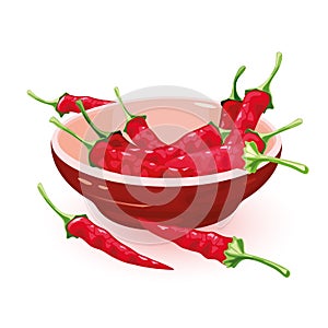 Dried red chili peppers with sharp taste are in ceramic bowl. Spice with pungent flavor.