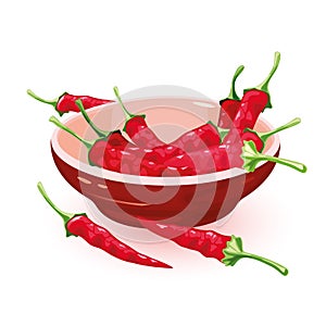 Dried red chili peppers with sharp taste are in ceramic bowl. Spice with pungent flavor. photo