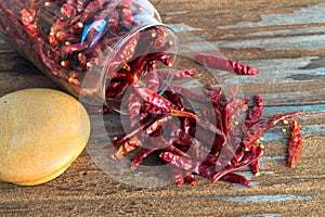 Dried red chilli on wooden background