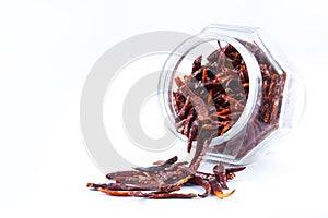 Dried Red Hot chili peppers in a glass jar, asian food ingredient