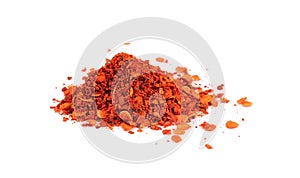 Dried red hot chilly flakes isolated on white