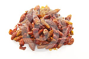 Dried red hot chily pepper on white