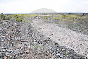 Dried river bed in Middle Asia Kazakhstan. Waterless river stream canal