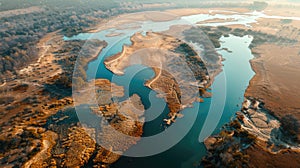Dried rivers and lakes due to drought. Bird's eye view