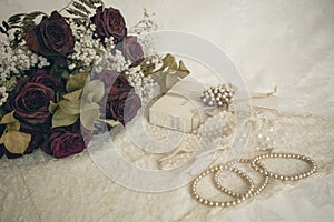 Dried Rose Bouquet, Holy Bible, Gloves and Pearls Still Life 1