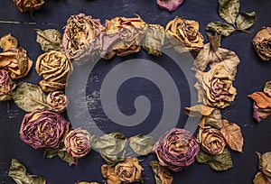 Dried roses with petals, lined frame with space for text wooden rustic background top view close up