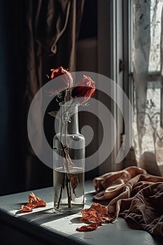 Dried roses in a vase. Relationship problems, disappointment, depression, loneliness.