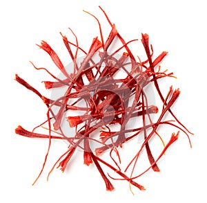 Dried saffron threads isolated on white background, top view