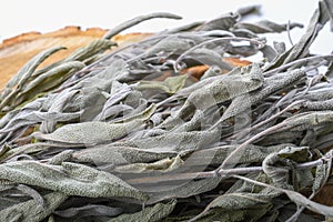 Dried sage branches, sage hot tea, on a piece of natural wood, natural remedies, natural medicine