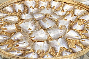 Dried salted fish in the sun on woven bamboo basket as food preservation.