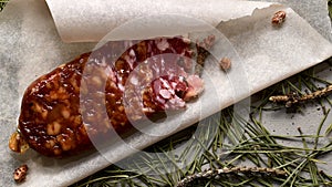 Dried sausage made of beaver meat. Cut with slices on parchment with pine buds closeup. Flooring made of pine needles