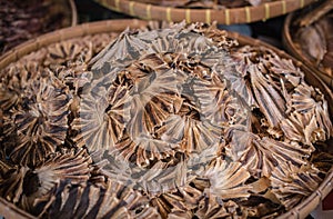 Dried sea fish are sold at a seafood market at Laem Chabang Fishing Village