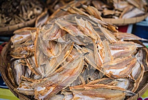 Dried sea fish are sold at a seafood market at Laem Chabang Fishing Village