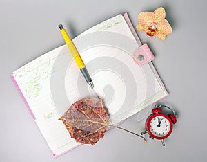 The dried sheet and pen lie on an open notebook. The alarm clock reminds of time.