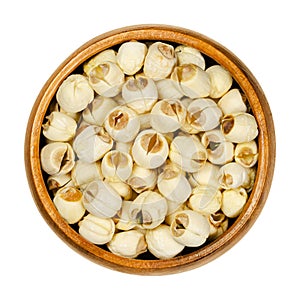 Dried shelled white lotus nuts, water lily seeds in wooden bowl