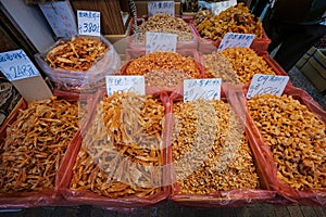 Dried shrimps, crabs and shellfish on street market in Hongkong