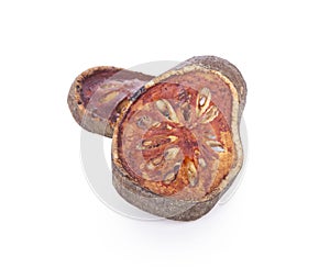 Dried sliced Bael fruit isolated on white background