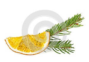 Dried slices of orange and fir tree on white background