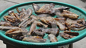 Dried slices of snake-head fish are laid out on plastic trays to dry in the sun.