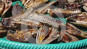 Dried slices of snake-head fish are laid out on plastic trays to dry in the sun.