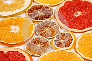 Dried slices of various citrus fruits on white background