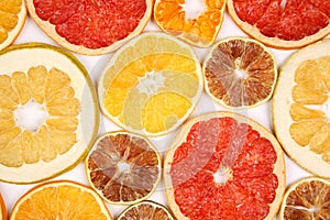 Dried slices of various citrus fruits on white background