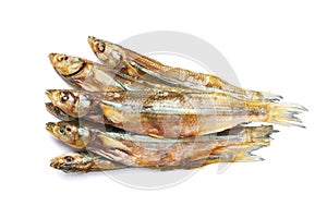 Dried smelt fish on a white