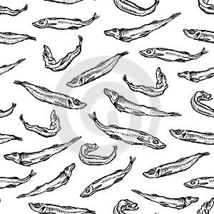 Dried Smelt Salted Fish - black and white seamless pattern - hand drawn ink illustration, wrapping paper or package design