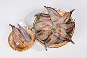 Dried snake-head fish on white background