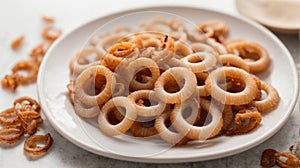 Dried squid rings in a plate on a white background. Isolated