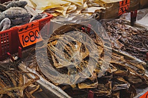 Dried squid and seafood on fish market in Hongkong