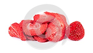 Dried strawberry slices isolated on white background. Dehydrated strawberries chips.