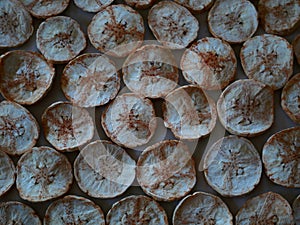 Dried sweet banana slices snack.