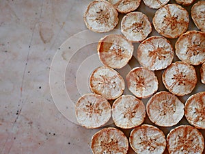 Dried sweet banana slices snack.