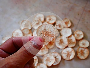 Dried sweet banana slices snack.