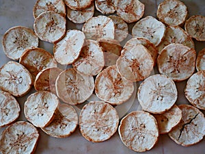 Dried sweet banana slices snack.