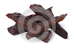 Dried sweet purple potato slices isolated on white background close up