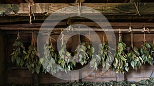 A of dried tea leaves hanging in a rustic wooden shed sundried and ready to be brewed photo