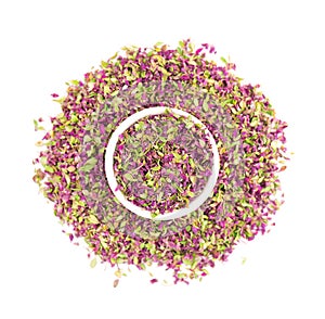 Dried thyme flowers, isolated on white background. Natural herbs - thyme. Organic tea. Top view. Close up