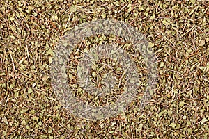 Dried Thyme leaves, close-up, top view. Herbal green medicinal tea, natural food background