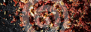 Dried tomato and chili pepper closeup on luxury stone background as flat lay, dry food spices and recipe ingredient
