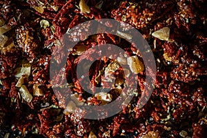 Dried tomato and chili pepper closeup on luxury stone background as flat lay, dry food spices and recipe ingredient