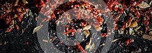 Dried tomato and chili pepper closeup on luxury stone background as flat lay, dry food spices and recipe ingredient